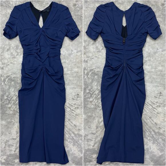 Burberry Prorsum IT 40 Navy Blue Midi Dress Capped Sleeves Ruched Fitted Dress - Picture 1 of 16
